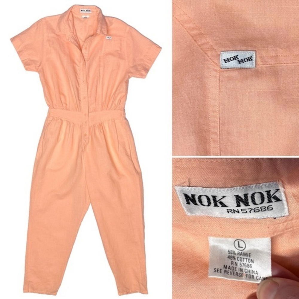 Vtg 80s Nok Nok Peach Pink Ramie Cotton Jumpsuit Defined Waist Sporty Utility L*